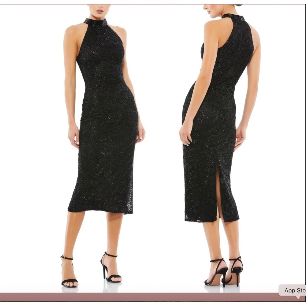 Mac Duggal 5531 Beaded Halter Midi Dress Size 0 Black Diamond Mesh Old Hollywood